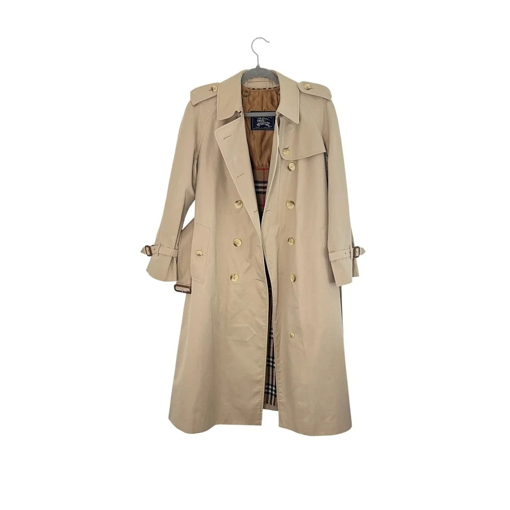 New‎ Burberry Vintage Trench Coat Beige Double Breasted Belted Check XS S - Picture 3 of 16
